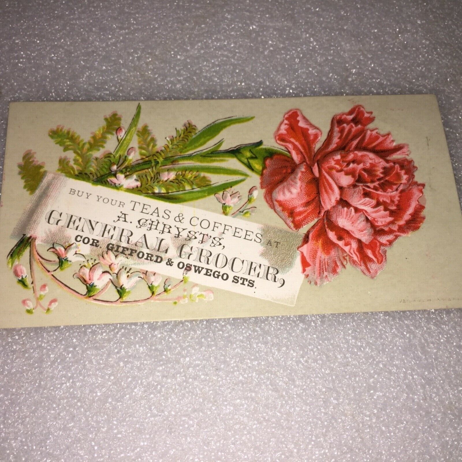 VINTAGE A. CHRYST’S GEN. GROCER GIFFORD & OSWEGO ST. SYRACUSE,NY TRADE CARD
