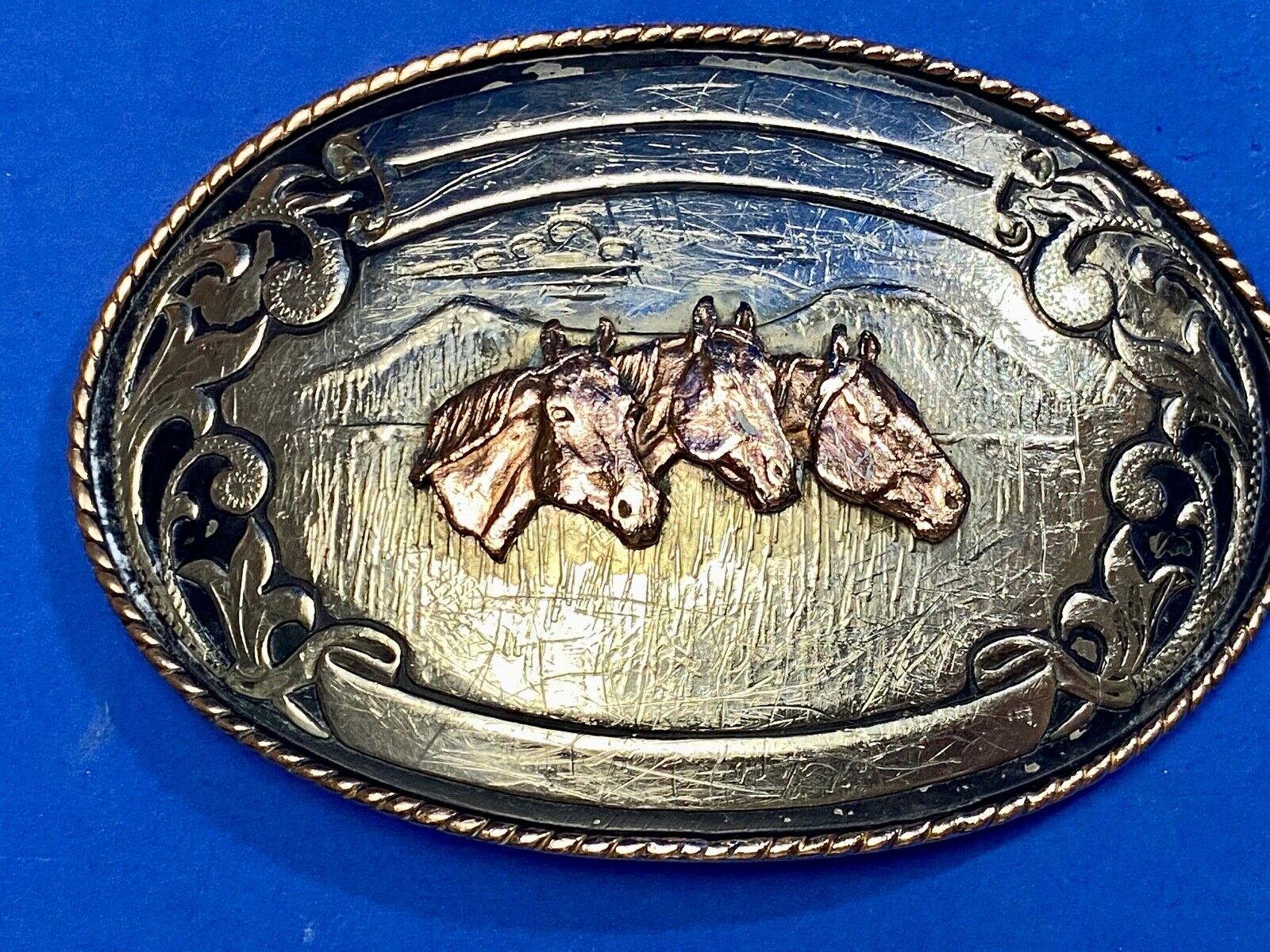 3 Horse Heads LARGE Black boarder belt buckle Comstock silversmiths 122 Grams 