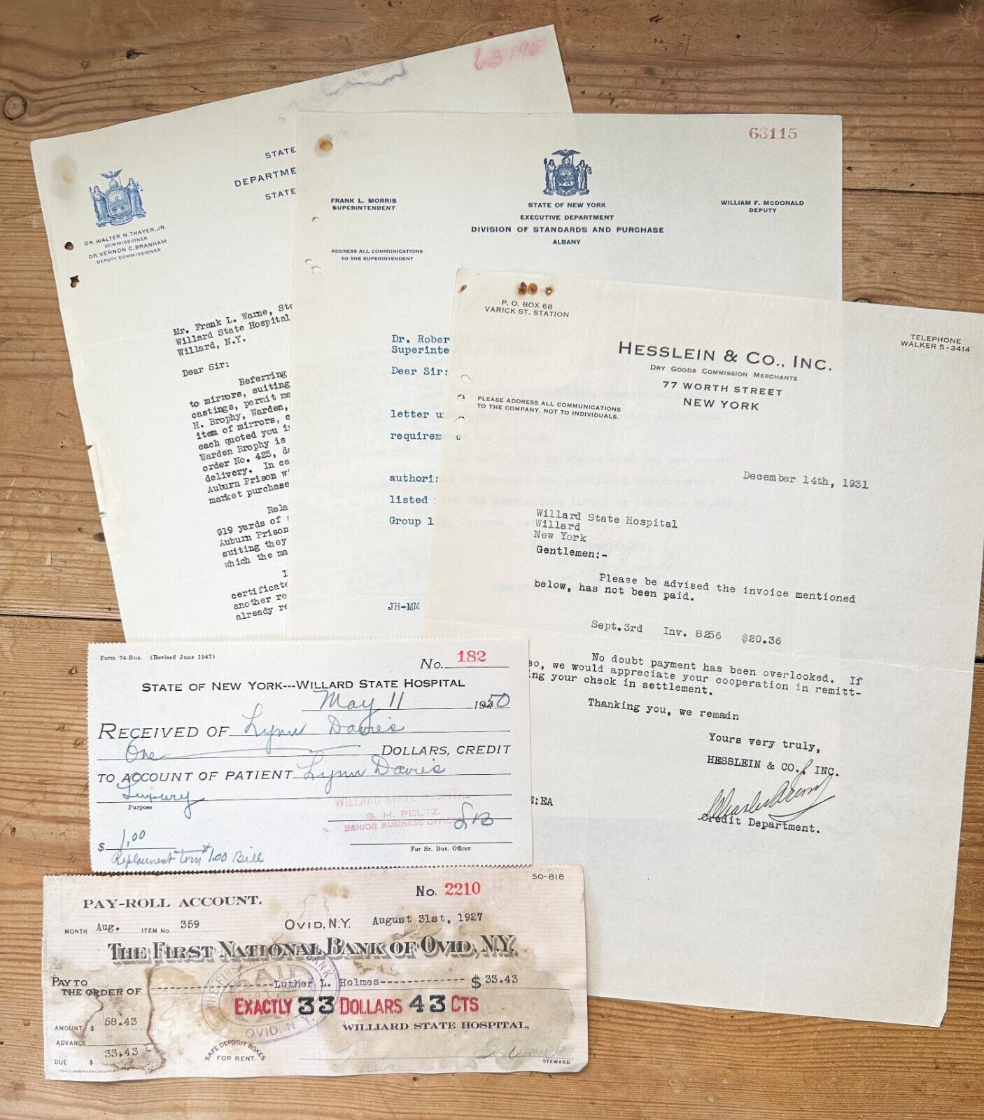 Willard State Hospital New York paperwork & letterhead ephemera lot 1920s-1950s