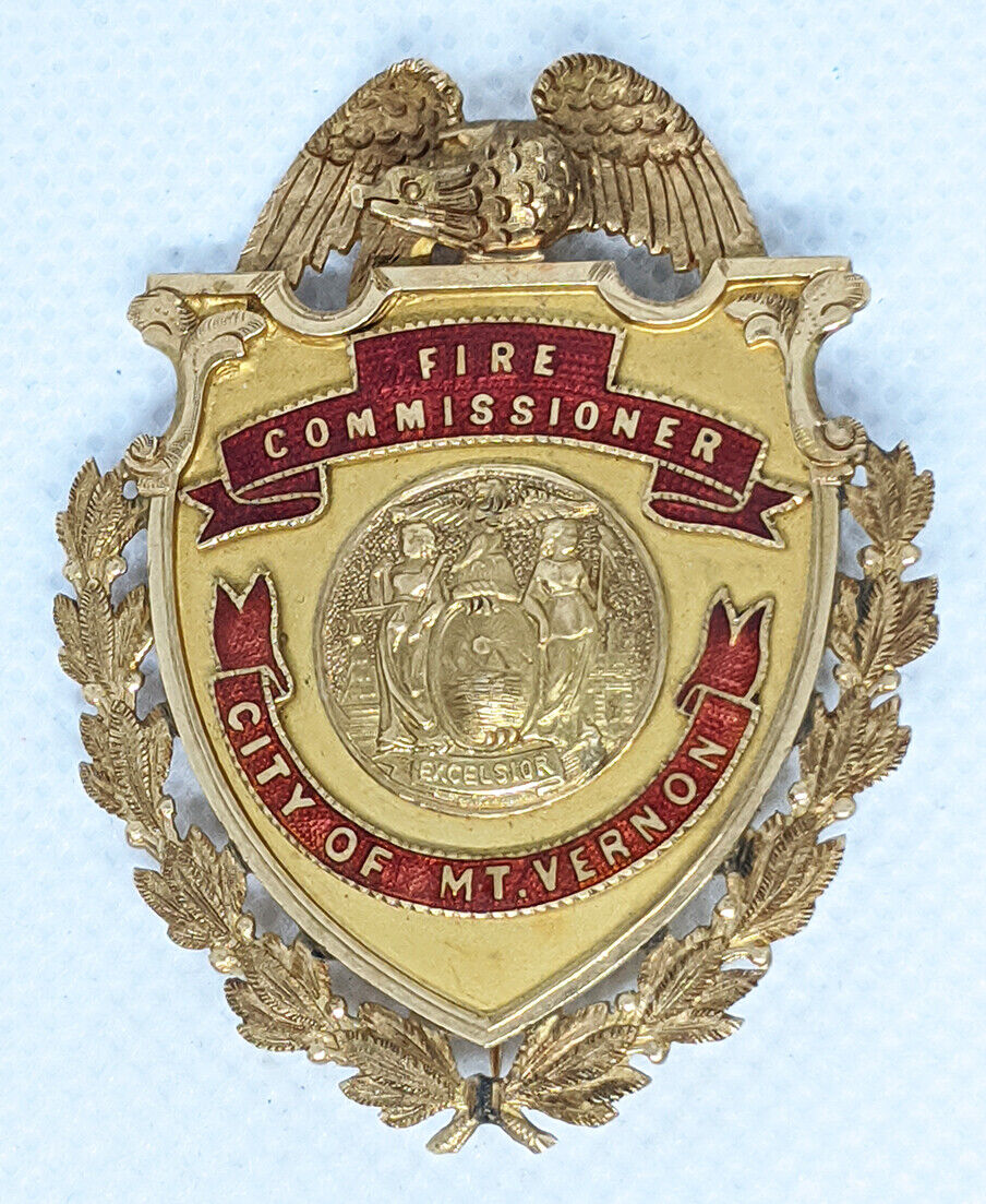 Absolutely Stunning Ca.1920\'s Mt. Vernon, NY Fire Commissioner Badge in 14K Gold