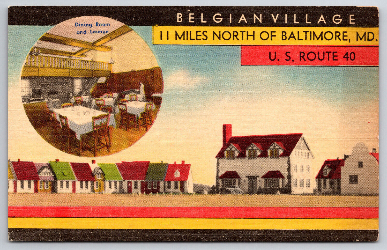 Vintage Postcard Belguim Village 11 Miles North of Baltimore MD. U.S. Route 40