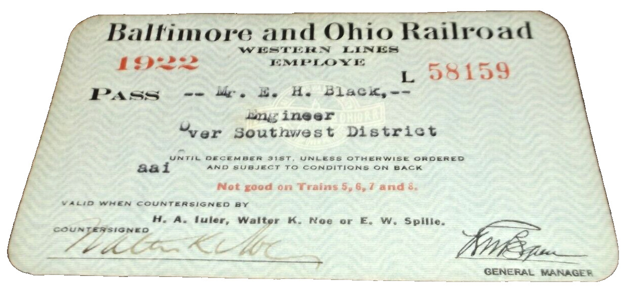 1922 BALTIMORE & OHIO RAILROAD EMPLOYEE PASS #58159