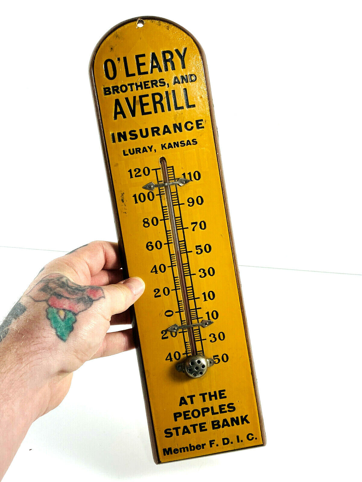 VTG O'Leary Averill Insurance Luray Kansas KS Wood Thermometer Advertising sign