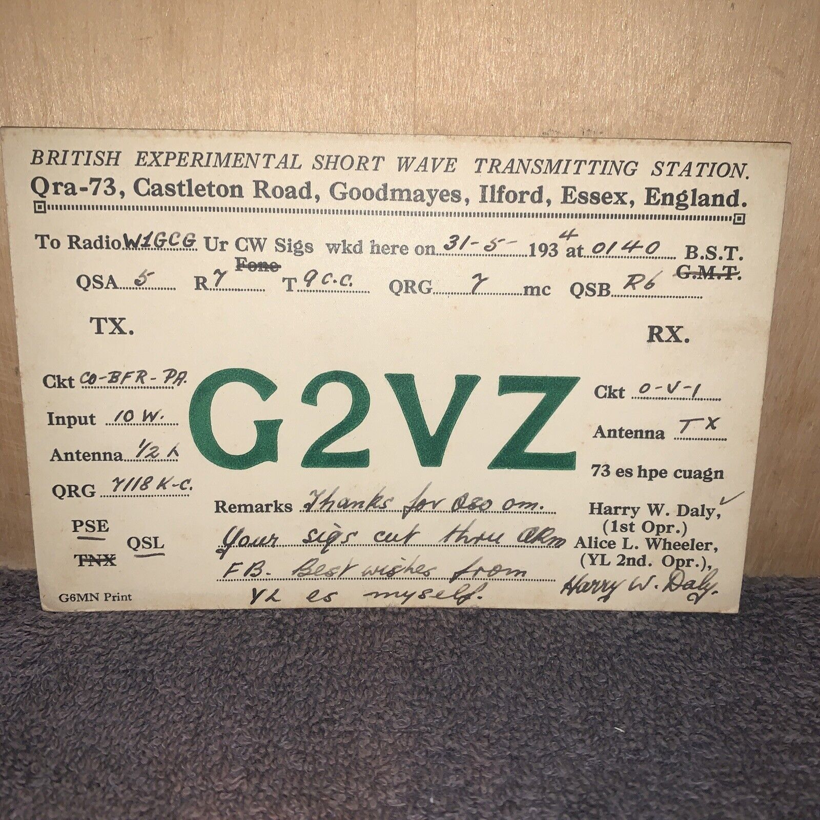 VINTAGE HAM RADIO -QSL CARD- 1934 ￼ Castleton Road, Goodmayes,Ilford, England