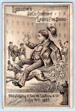 1882 4th of JULY LUDLOW'S SHOES*DOG SCARED BY FIRECRACKERS*FIRE HYDRANT*HUMOROUS picture