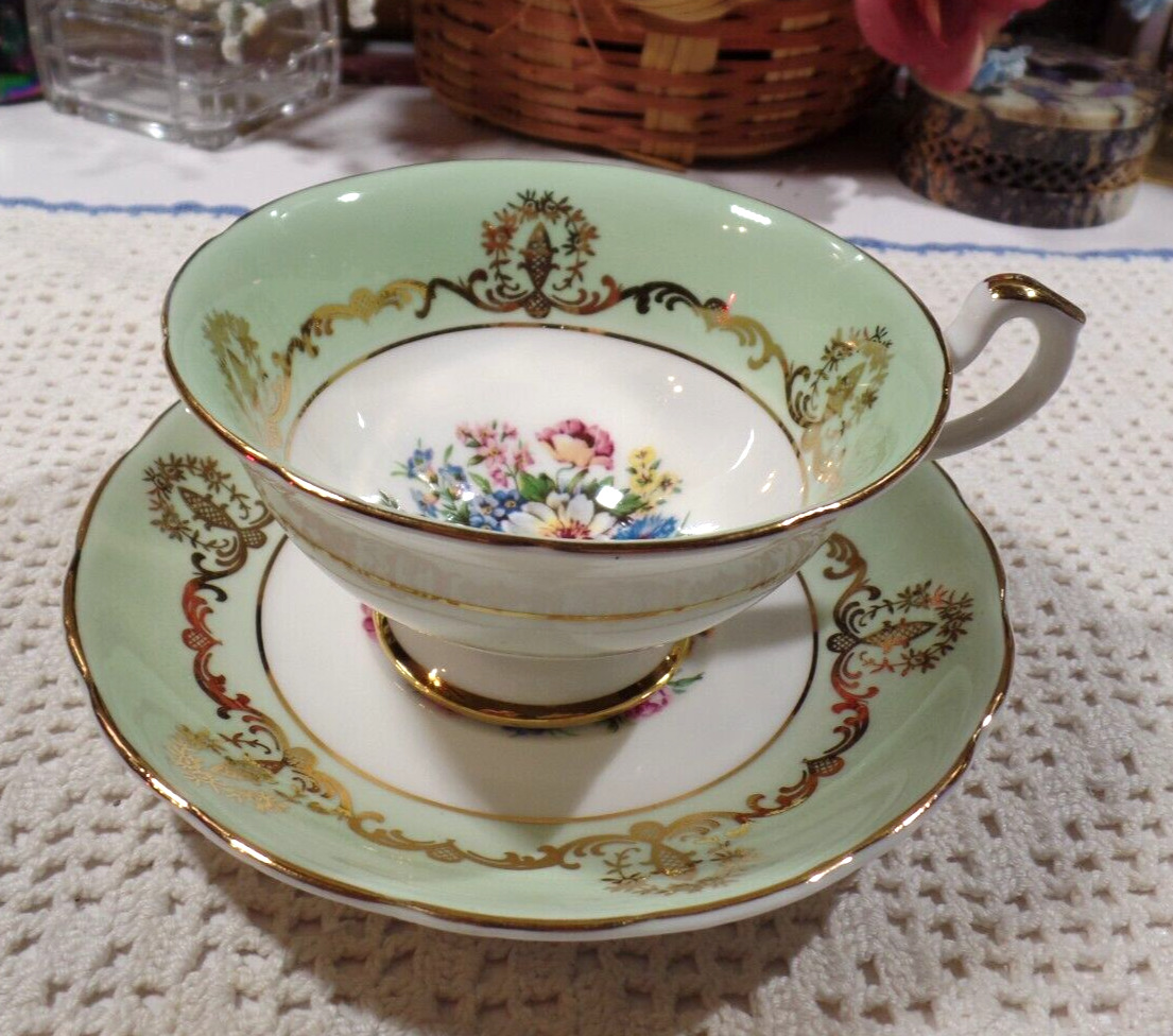 Salisbury Fine Bone China England Floral Bouquet Mint Green Cup and Saucer