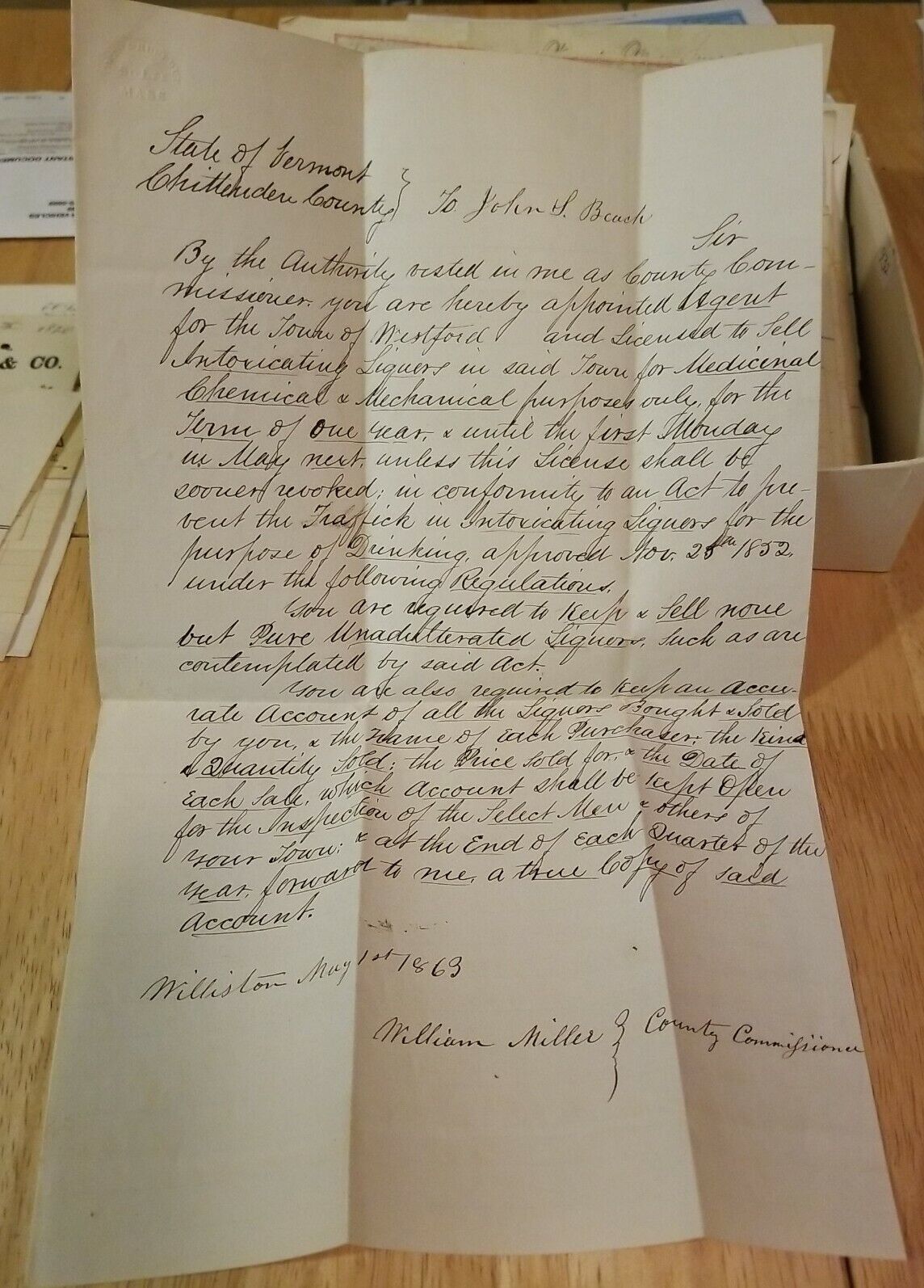 1863 WESTFORD, VERMONT Liquor License Written On Owen & Hurlbut Paper S. LEE, MA
