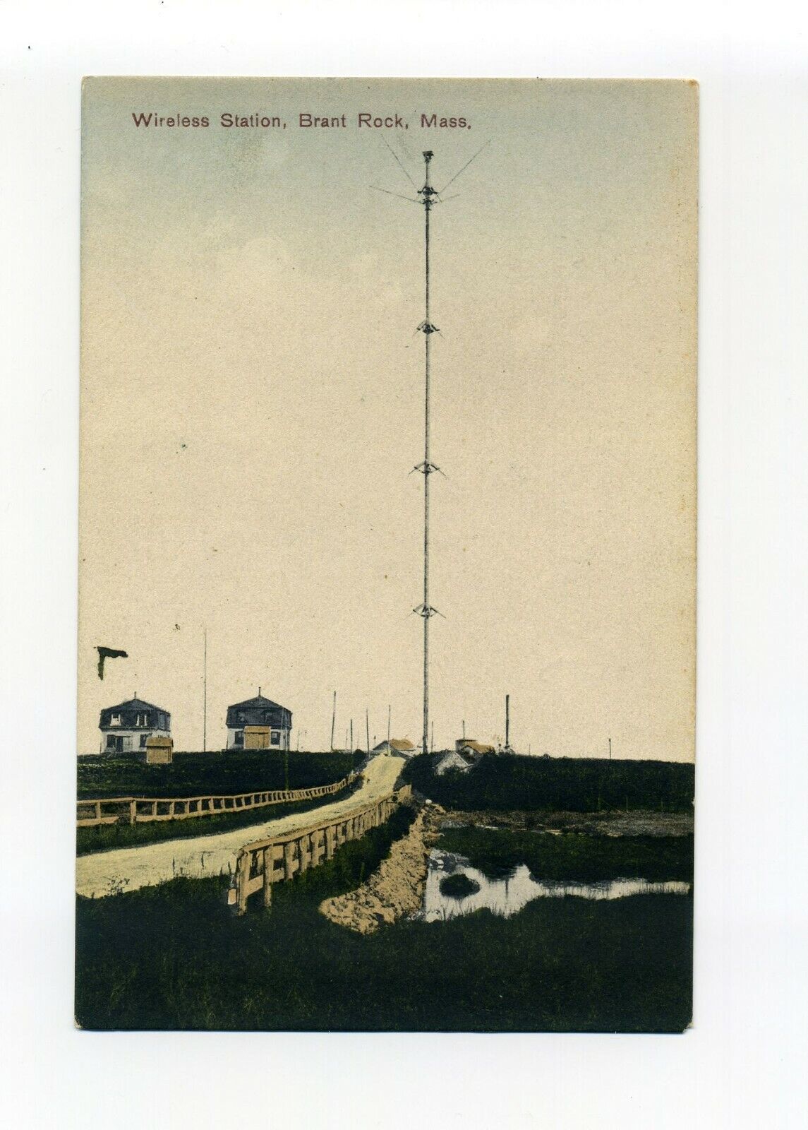 Brant Rock, Marshfield MA Mass antique postcard, dirt road to Wireless Station