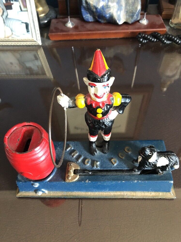 Vintage Trick Dog with Clown Cast Iron Penny Barrel NOT Reproduction