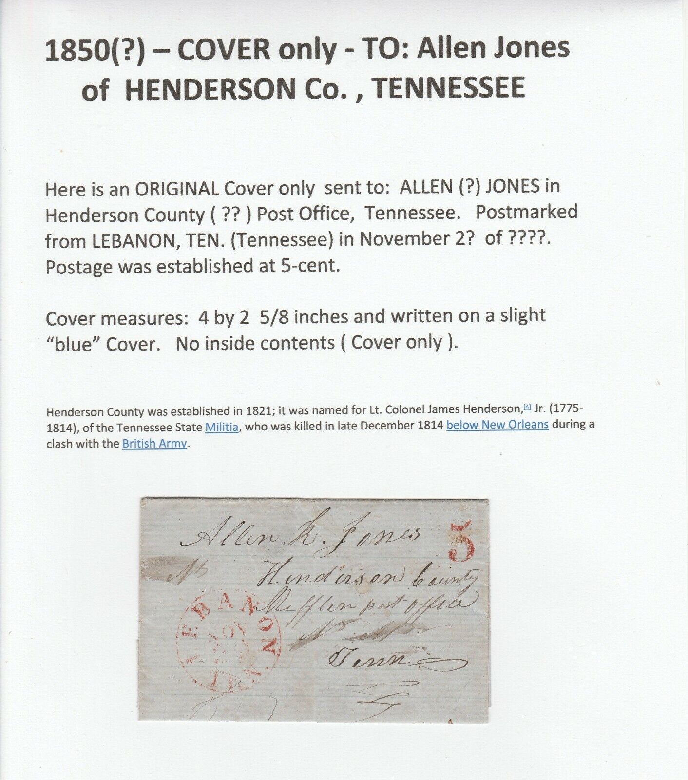 c.1850 - COVER only - From LEBANON, TENN. to Allen Jones HENDERSON Co, TENNESSEE