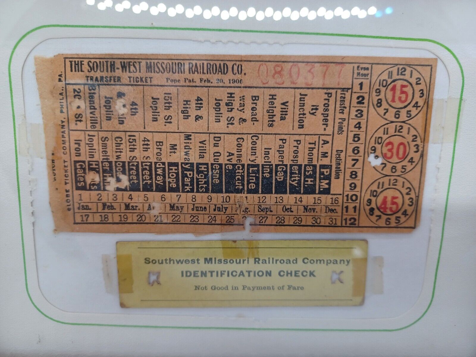 1906 Original SOUTH-WEST MISSOURI Rail Road Co Fare Ticket Note w/ ID Check VTG