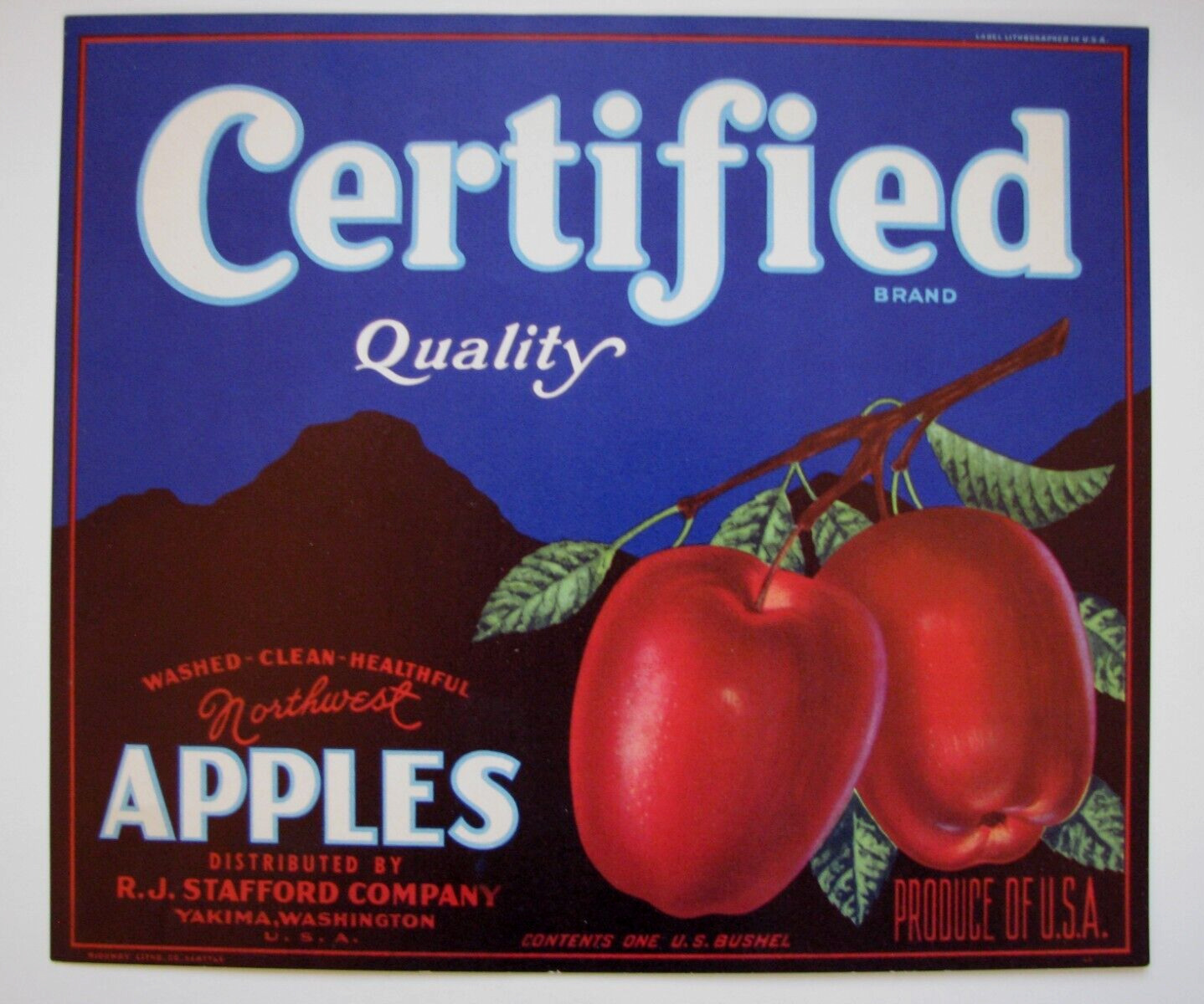 Original CERTIFIED apple crate label R.J. Strafford Company Yakima WA blue/black