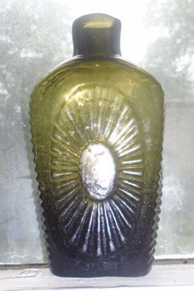 fine antique olive green Keen sunburst flask bottle