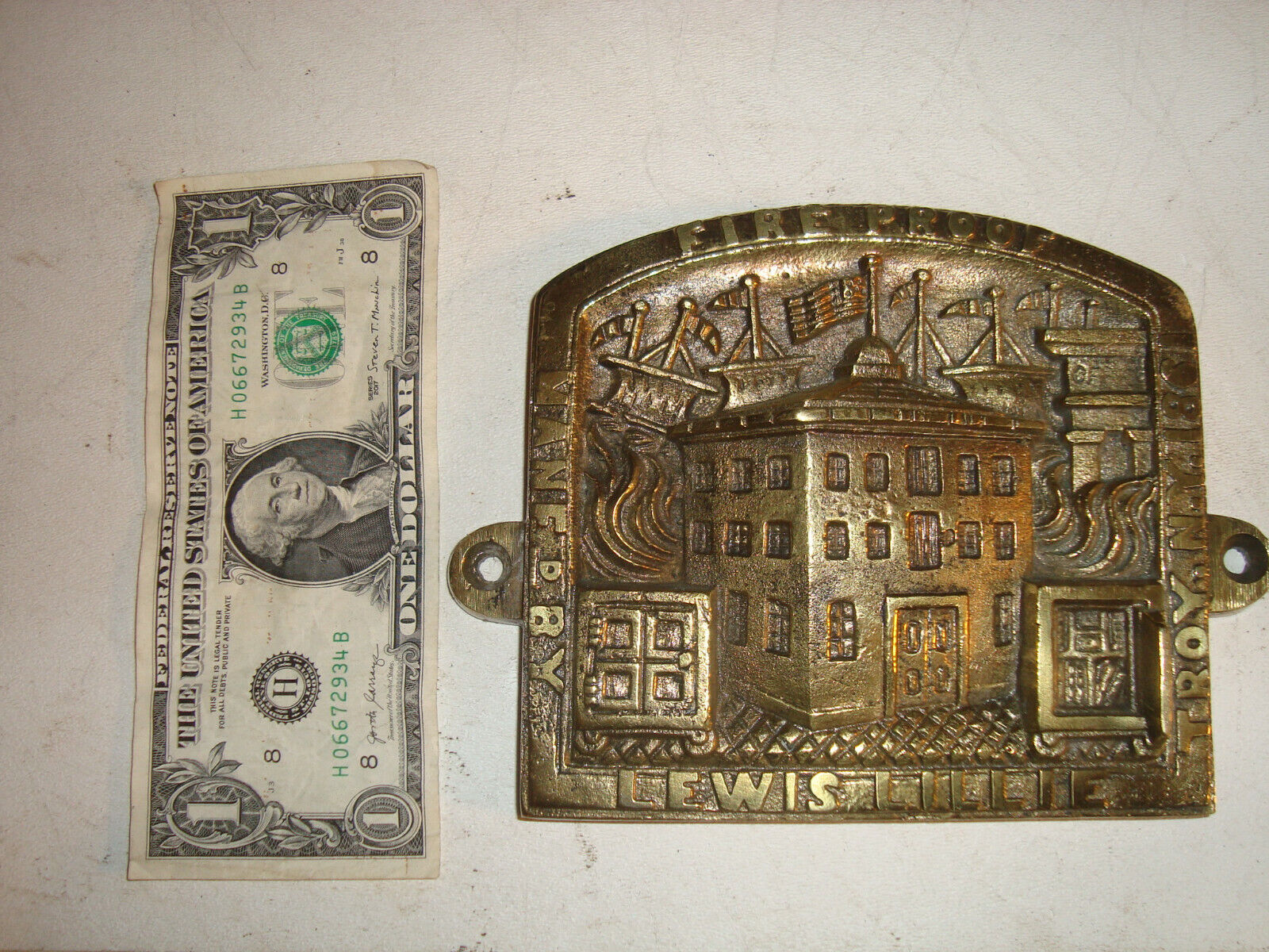 Antique Lewis Lillie Fire Proof Safe Bronze Brass Plaque 1861 New York ornate