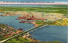 Air View Groton New London Bridge Thames River Connecticut CT Linen Postcard UNP picture