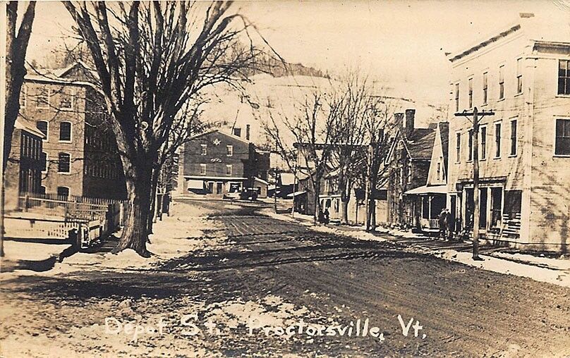 Proctorsville VT Depot street Winter View Storefronts RPPC Postcard