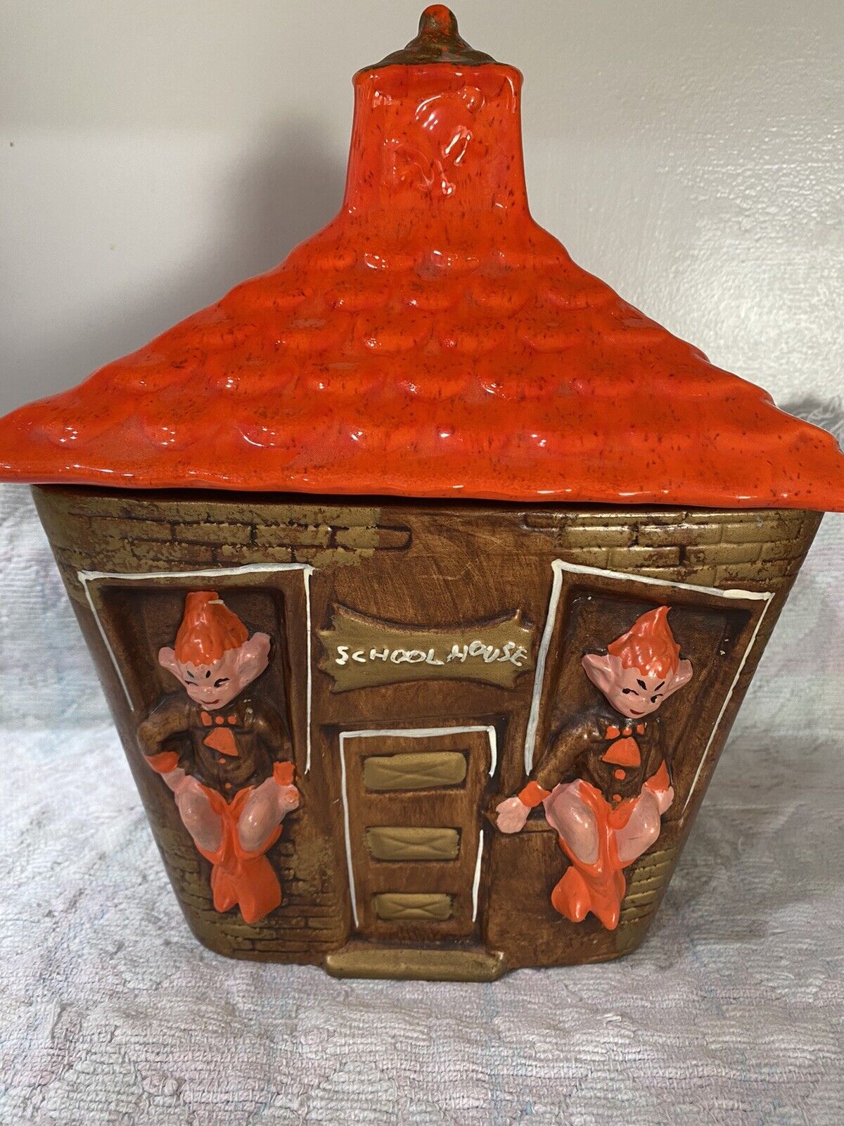 1970s Pixie Elf Schoolhouse Cookie Jar/Canister - Orange & Brown w/ Gold Accents