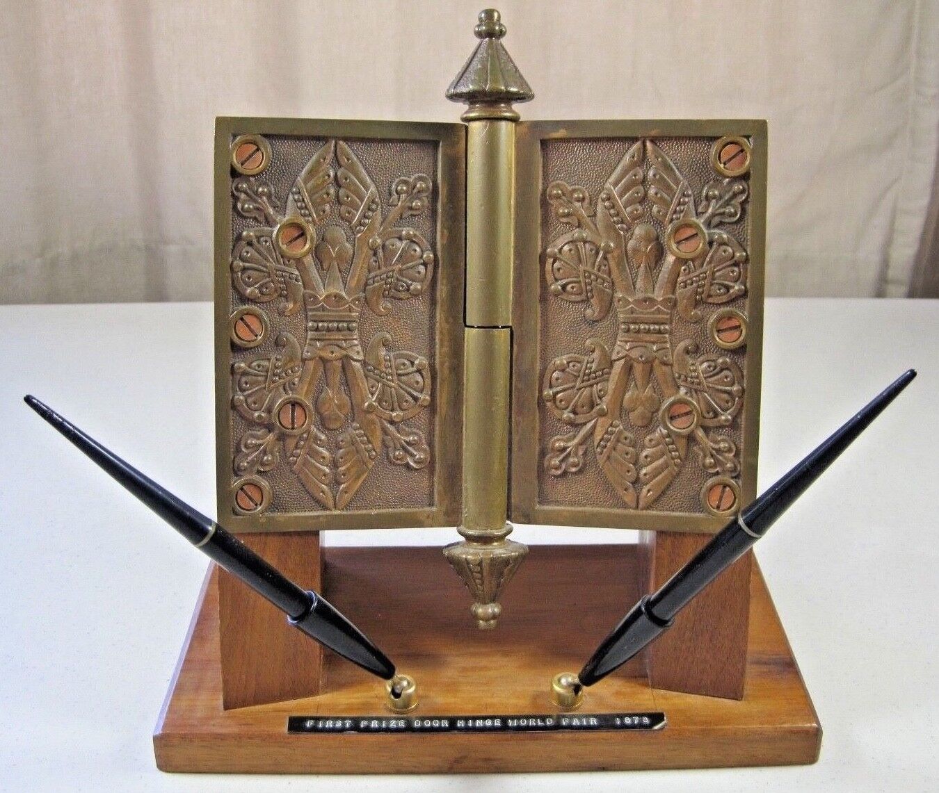 1876 Antique Brass Prize Door Hinge World Fair Wood Base Pens Fred Morgan Kirby