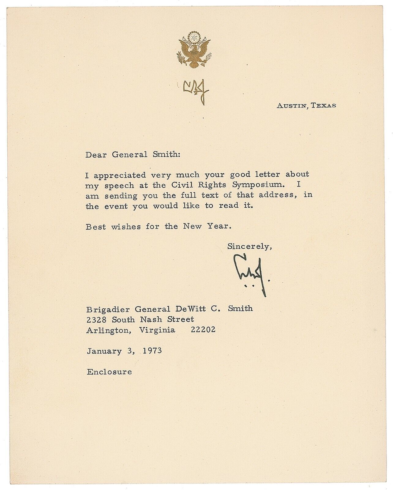 Lyndon B Johnson Letter Signed - Gives Civil Rights Speech Days Before His Death