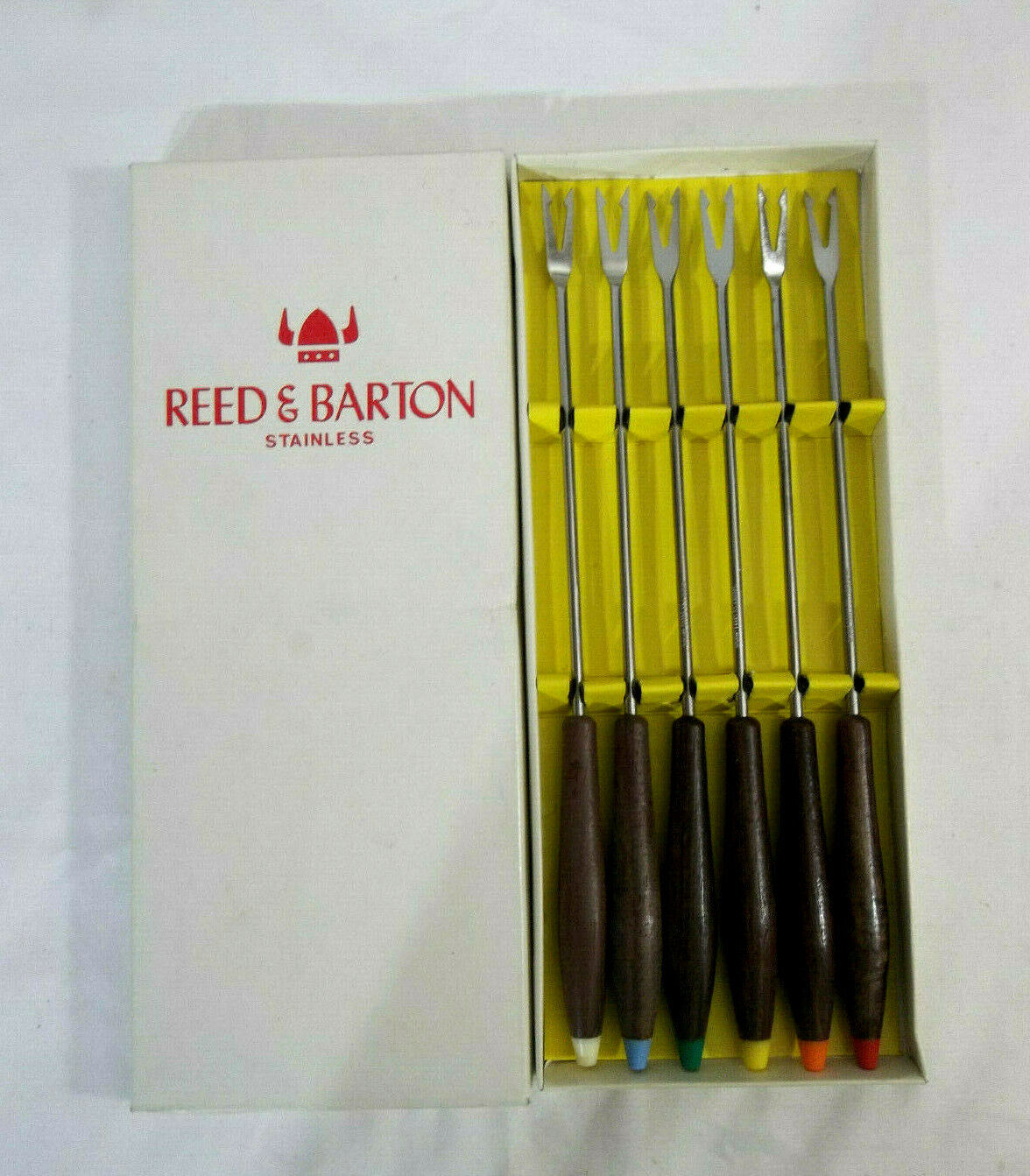 Reed & Barton Boxed Set 6 Wood Handled Color Coded Stainless Steel Fondue Forks