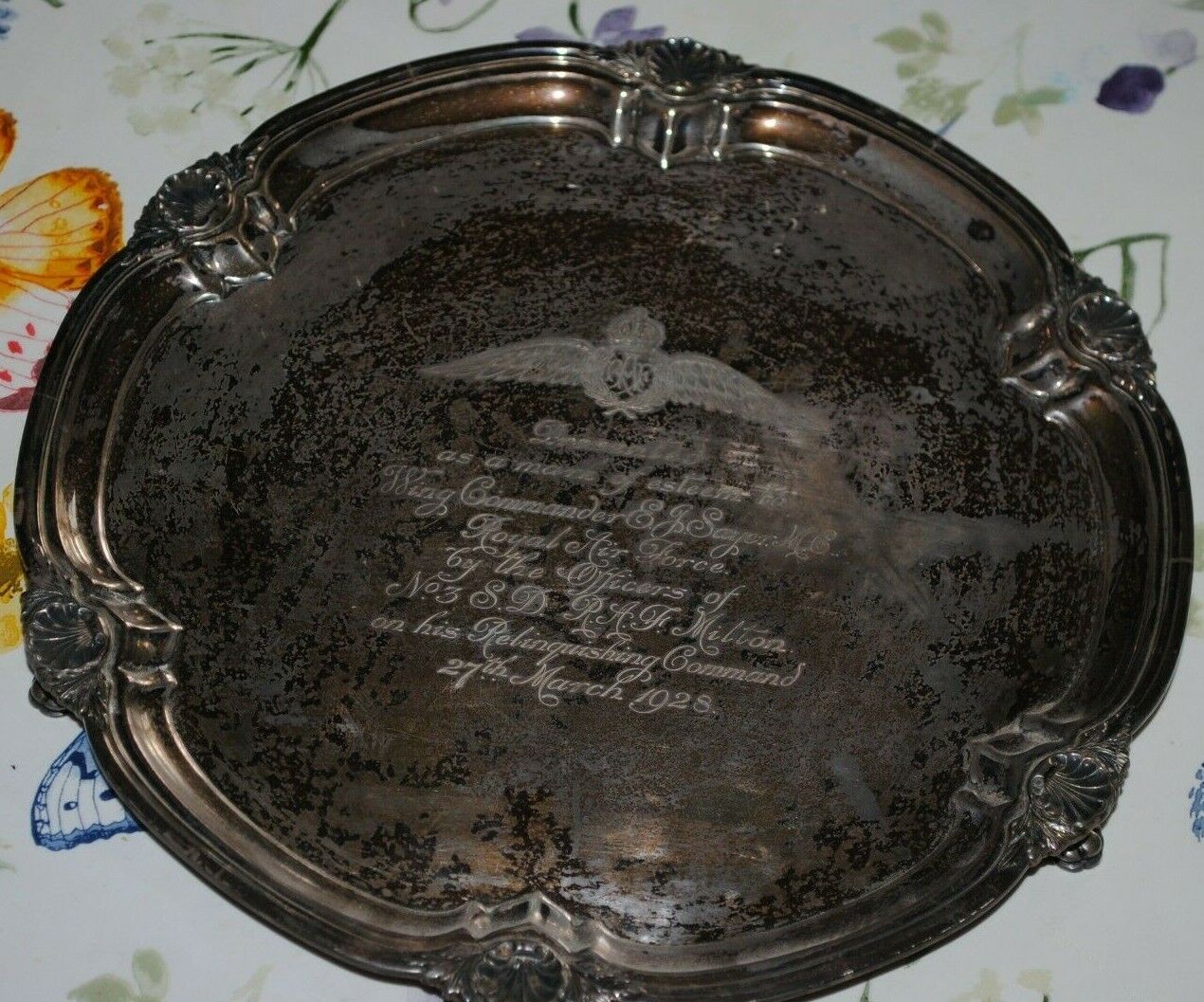 Large RAF solid silver platter engraved Wing commander Sayer MC No.3 S.D. 