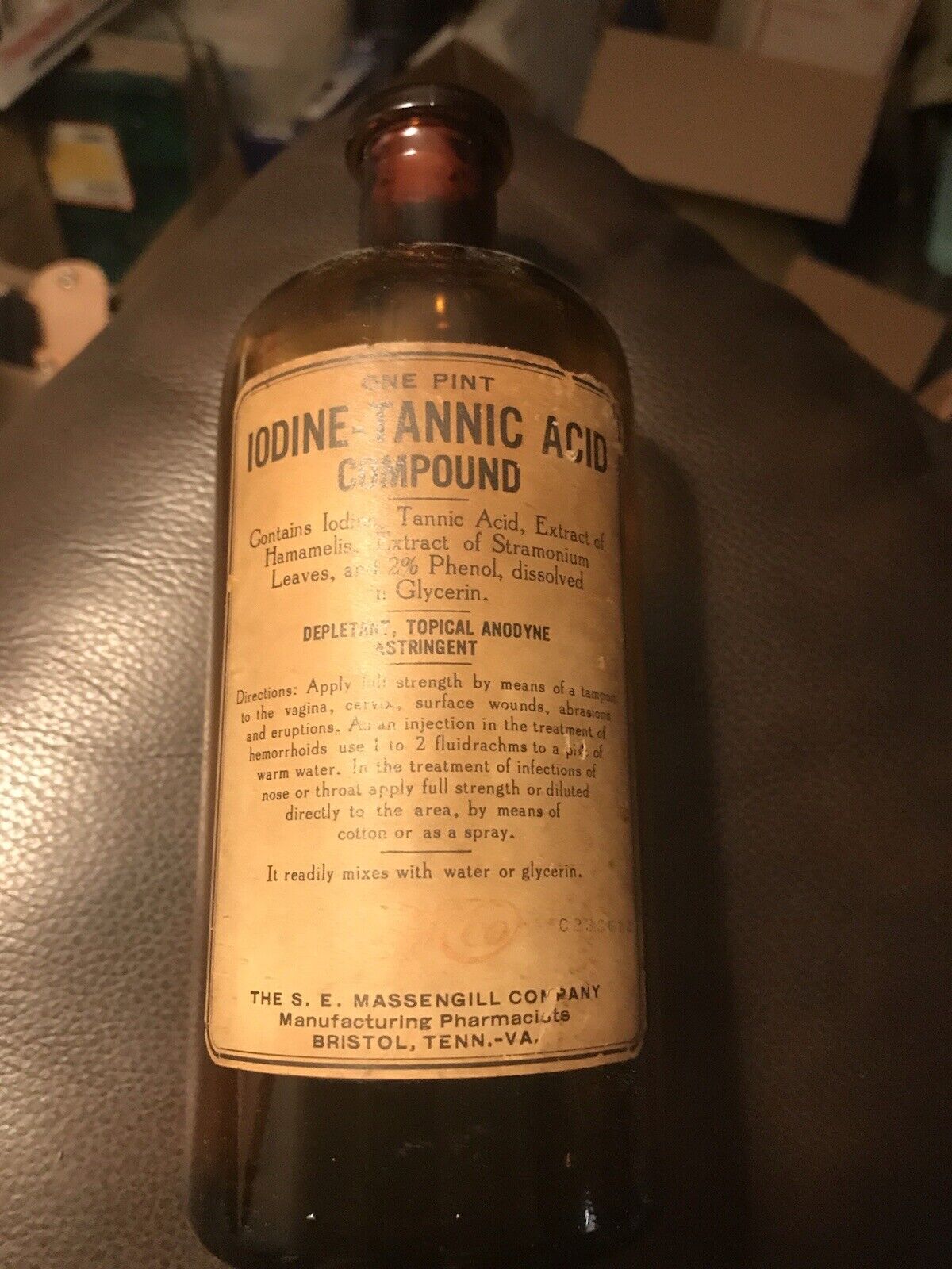 Apothecary Pharmacy Medicine Amber Bottle  Iodine Tannic Bristol Tenn. Va. 1900