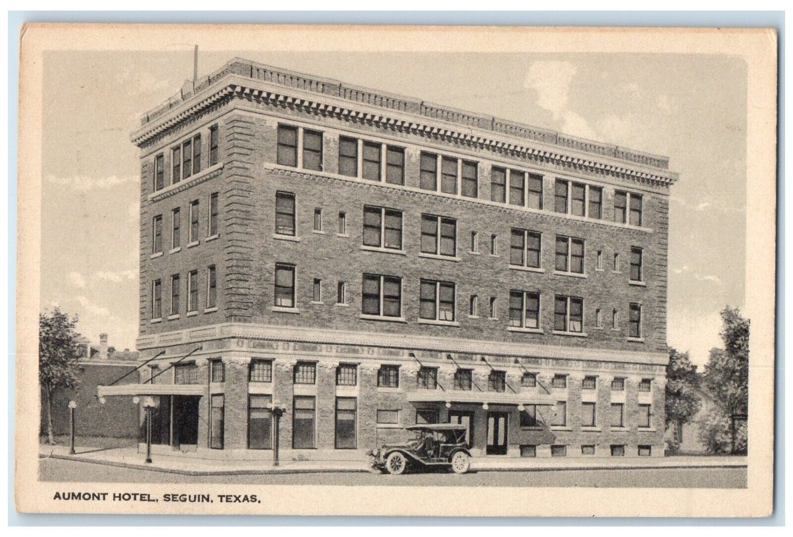 c1927 Exterior View Aumont Hotel Building Classic Car Seguin Texas TX Postcard