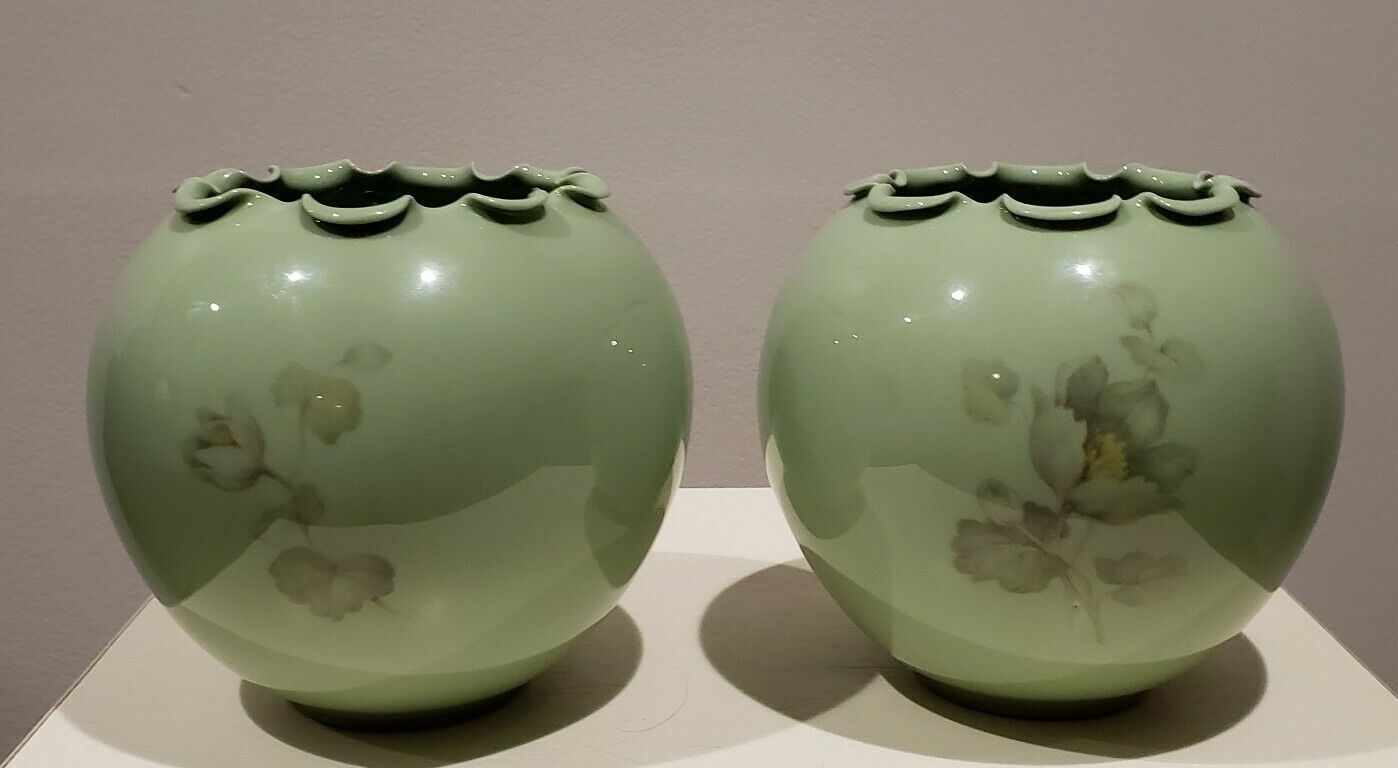 Vintage Pair of Andover China Green Rose Bowl Vases - excellent condition 