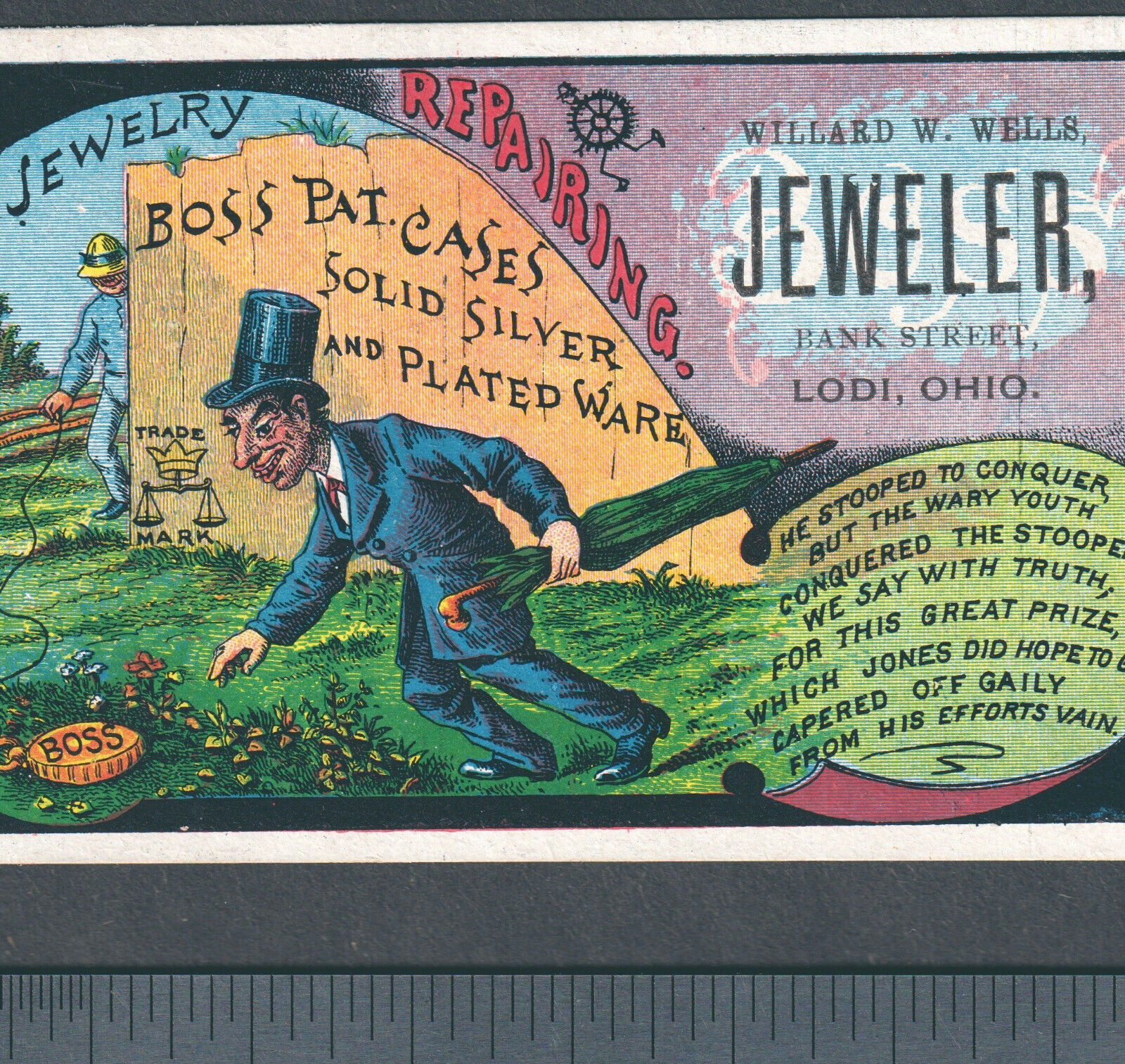 Lodi Ohio Willard Wells Jewelry Store OH Boss Watch Stoops to Conquer Trade Card