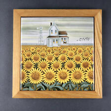 Lowell Herrero Sunflowers Tile Trivet Signed Wood Framed 1982 picture