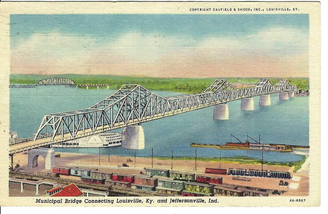 CR-199 KY Louisville Jeffersonville Municipal Bridge Connecting Linen Postcard