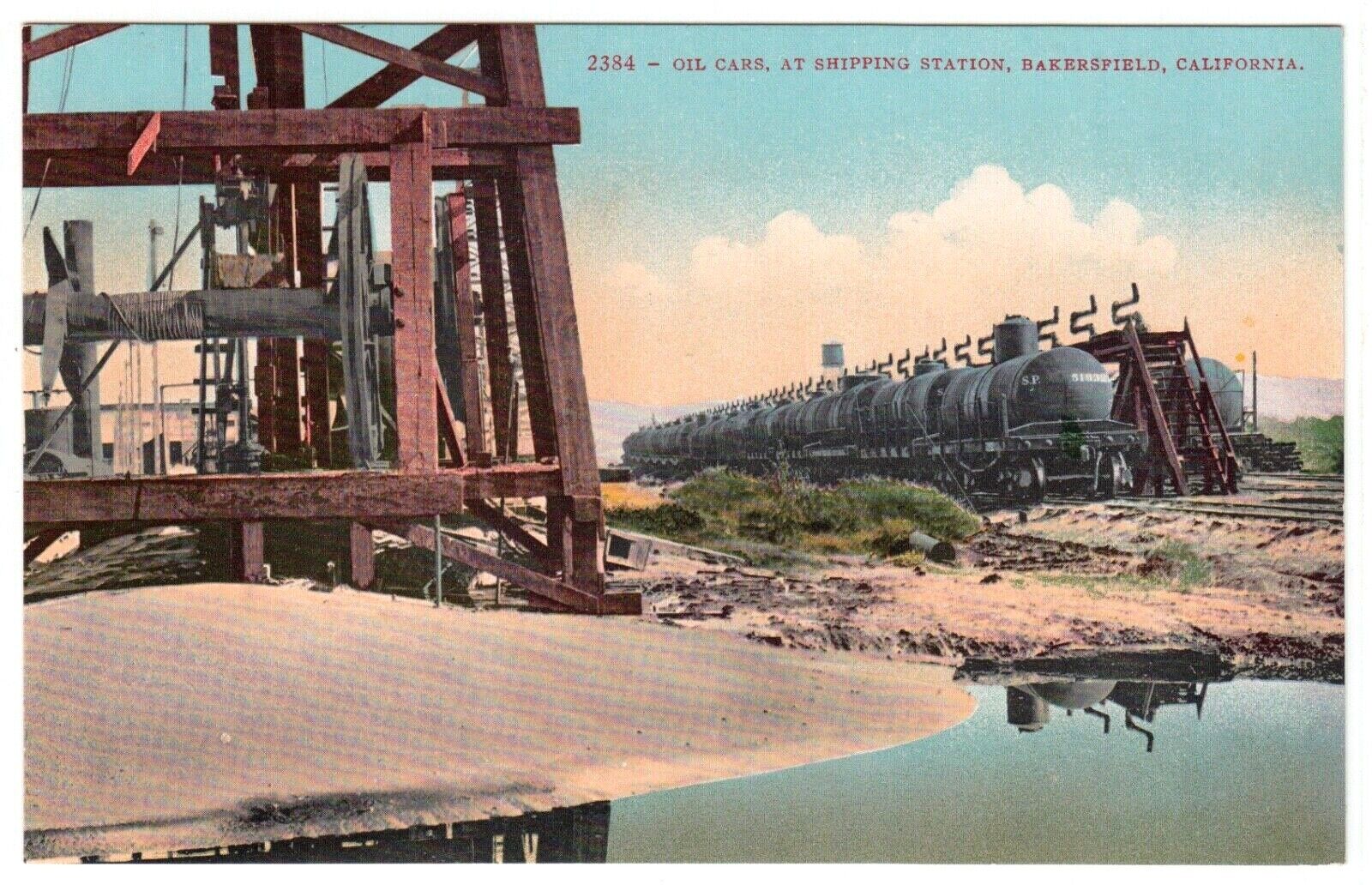 Bakersfield CA Vintage Postcard Railroad Train Cars Oil Well Pump Edw H Mitchell