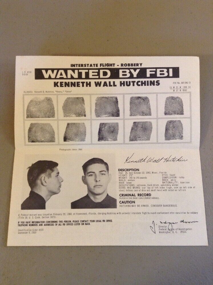 AUTHENTIC ERIE RAILROAD FBI WANTED POSTER Kenneth Wall Hutchins