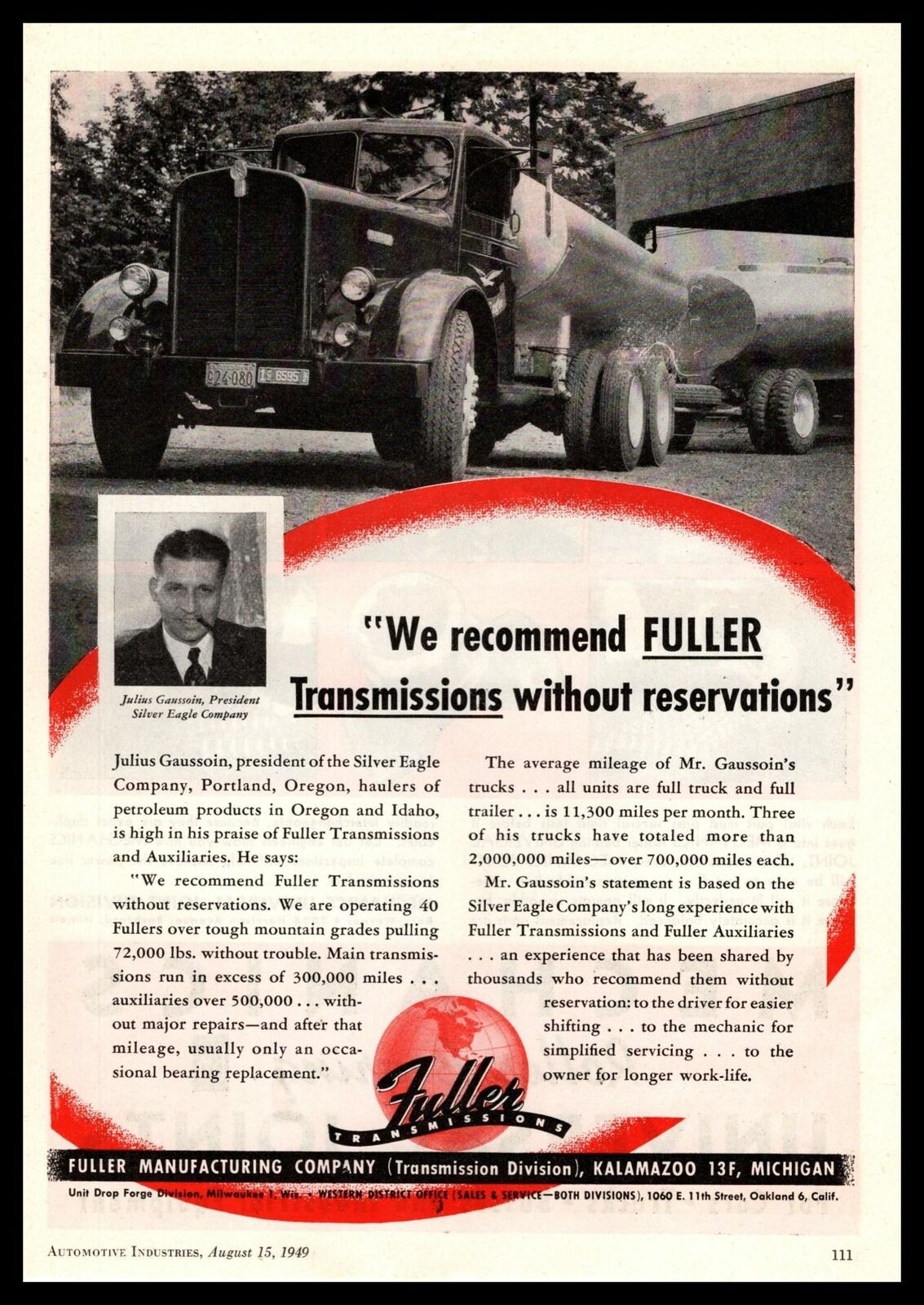 1949 Fuller Transmissions Silver Eagle Oil Hauler Truck Portland Oregon Print Ad