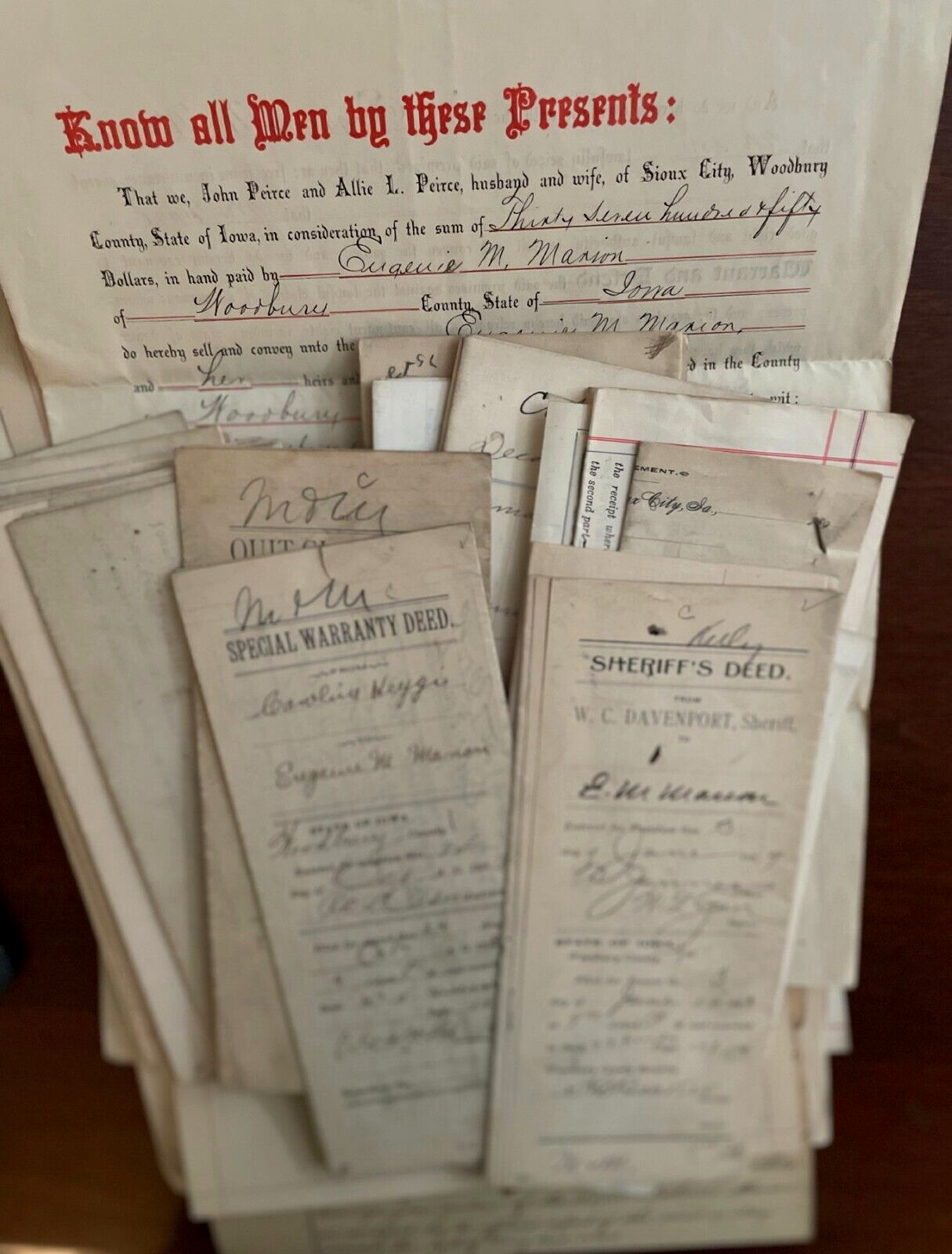 1800s Woodbury County Iowa Deeds, Documents Large lot 40+