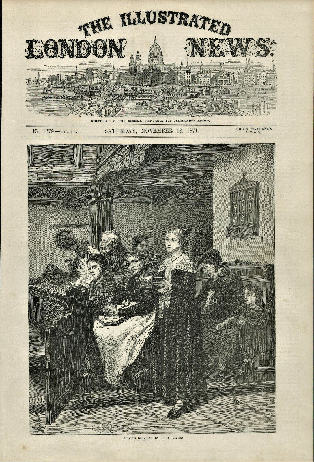 Antique B&W Illustrated Print Divine Service By H Ochmichen London News 1871