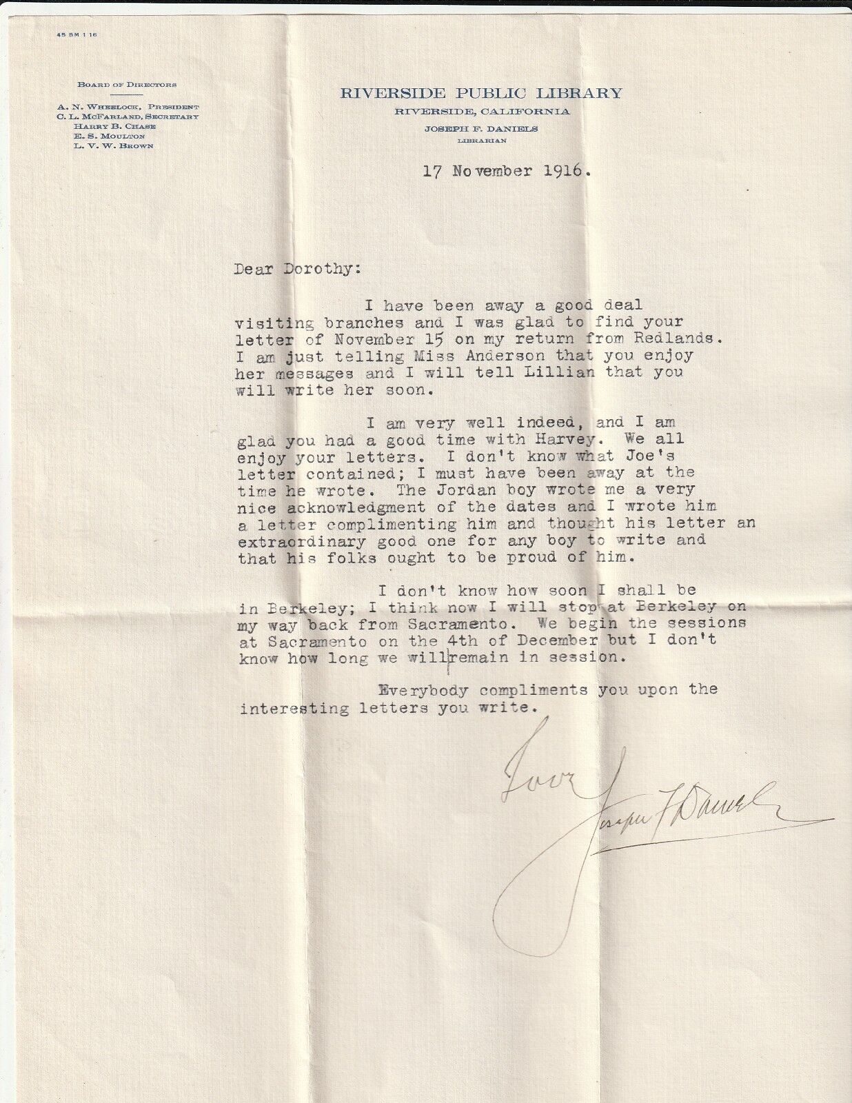 Joseph F Daniels Letter To Dorothy Daniels 1916 Riverside Ca Public  Library