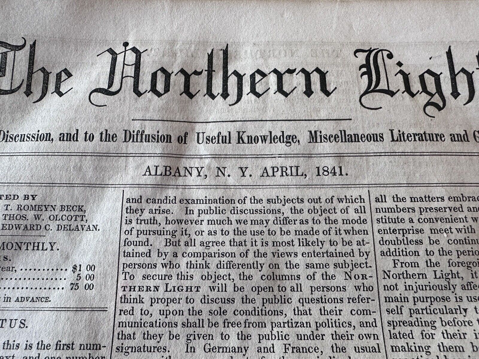 April 1841 The Northern Light Albany New York NY Volume 1 Issue 1 Newspaper