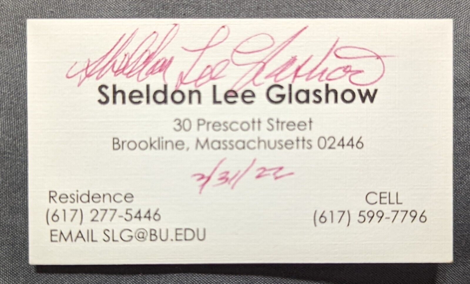 Sheldon Glashow Nobel Prize Winner Autograph Signed Business Card