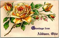 1910s ADDISON, Ohio Embossed Greetings Postcard / Yellow Roses picture