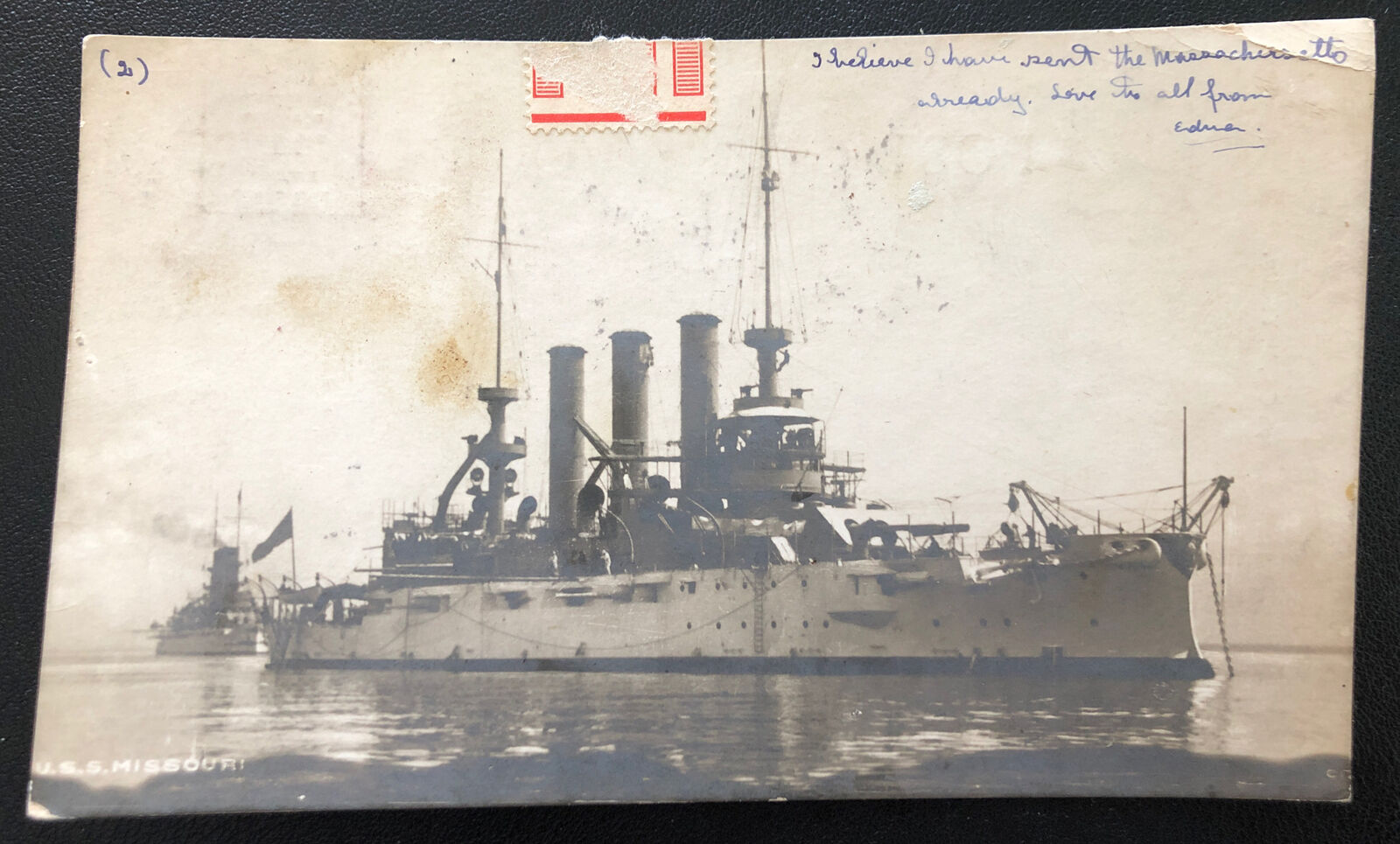 1907 Rppc USS Missouri Battleship Military Early Roxbury Station Cancel Postcard