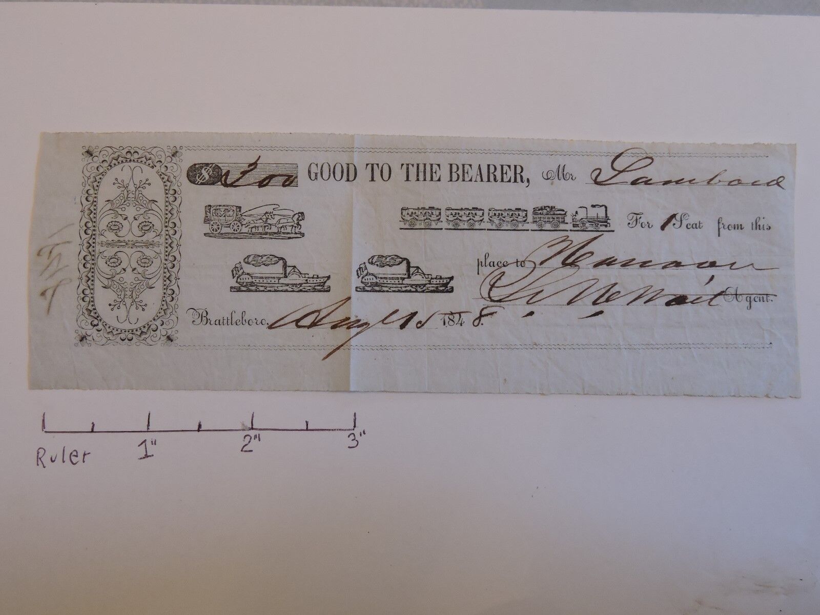 RARE 1848 Brattleboro Vermont Steamboat or Railroad Ticket Receipt
