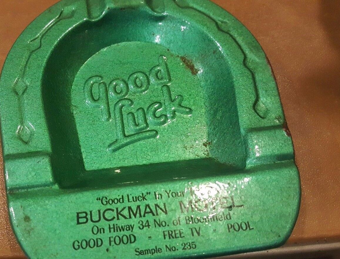 Vintage Advertising Ashtray Buckman Motel  Good Luck  Bloomfield Free TV  