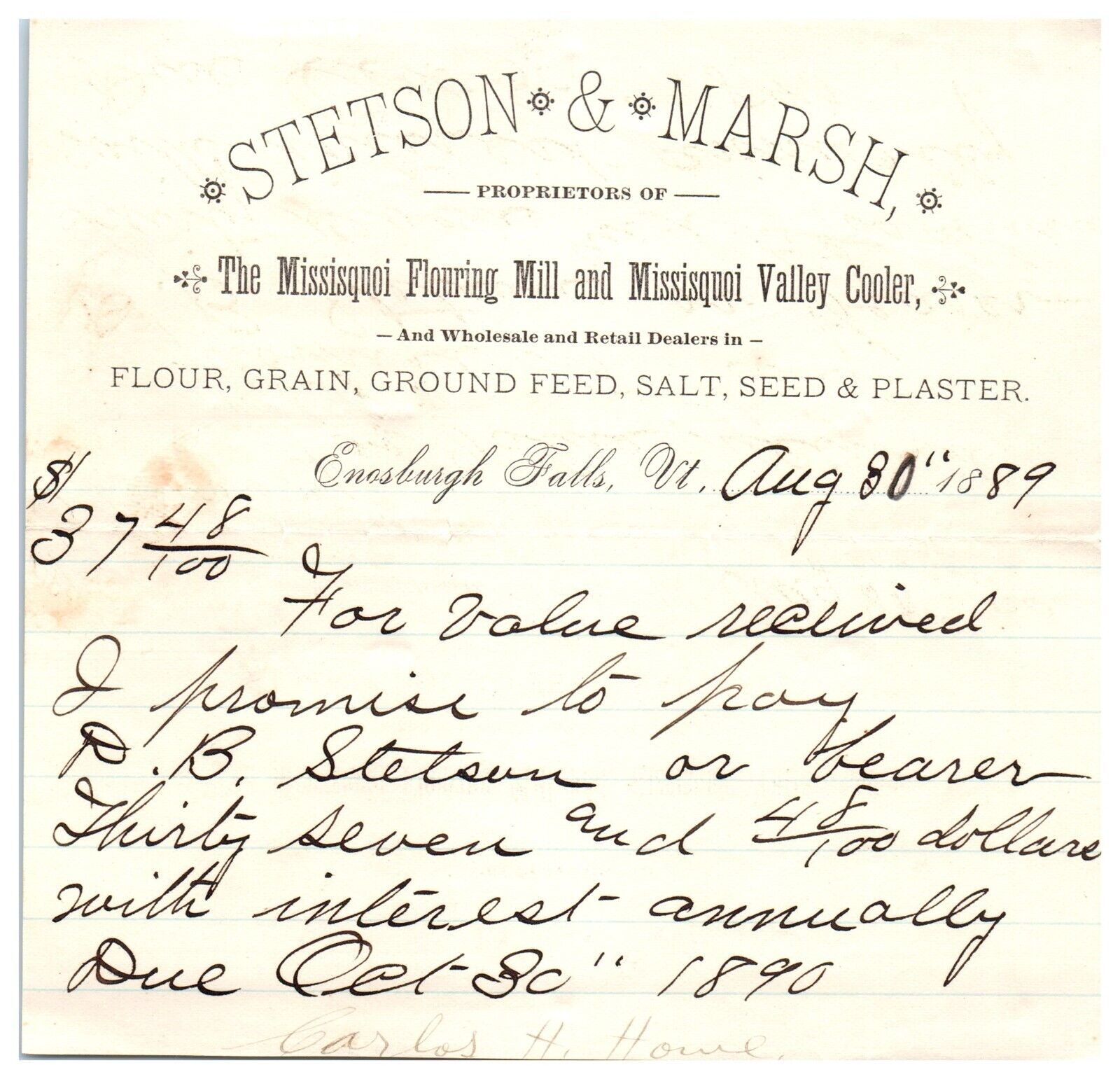 1889 Missisqoui Flouring Mill Feed Stetson & Marsh Enosburgh, VT Billhead UU