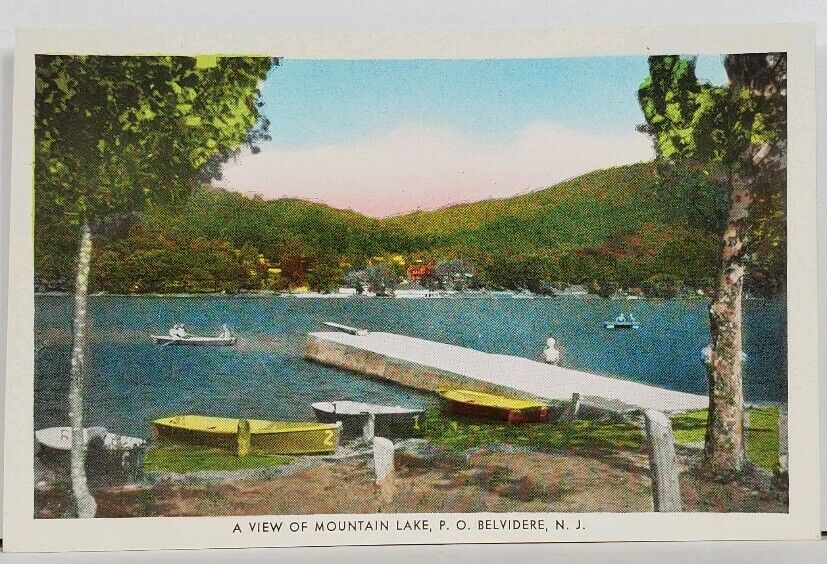 Belvidere NJ A View of Mountain Lake  Pier Boats Hand Colored Postcard M3
