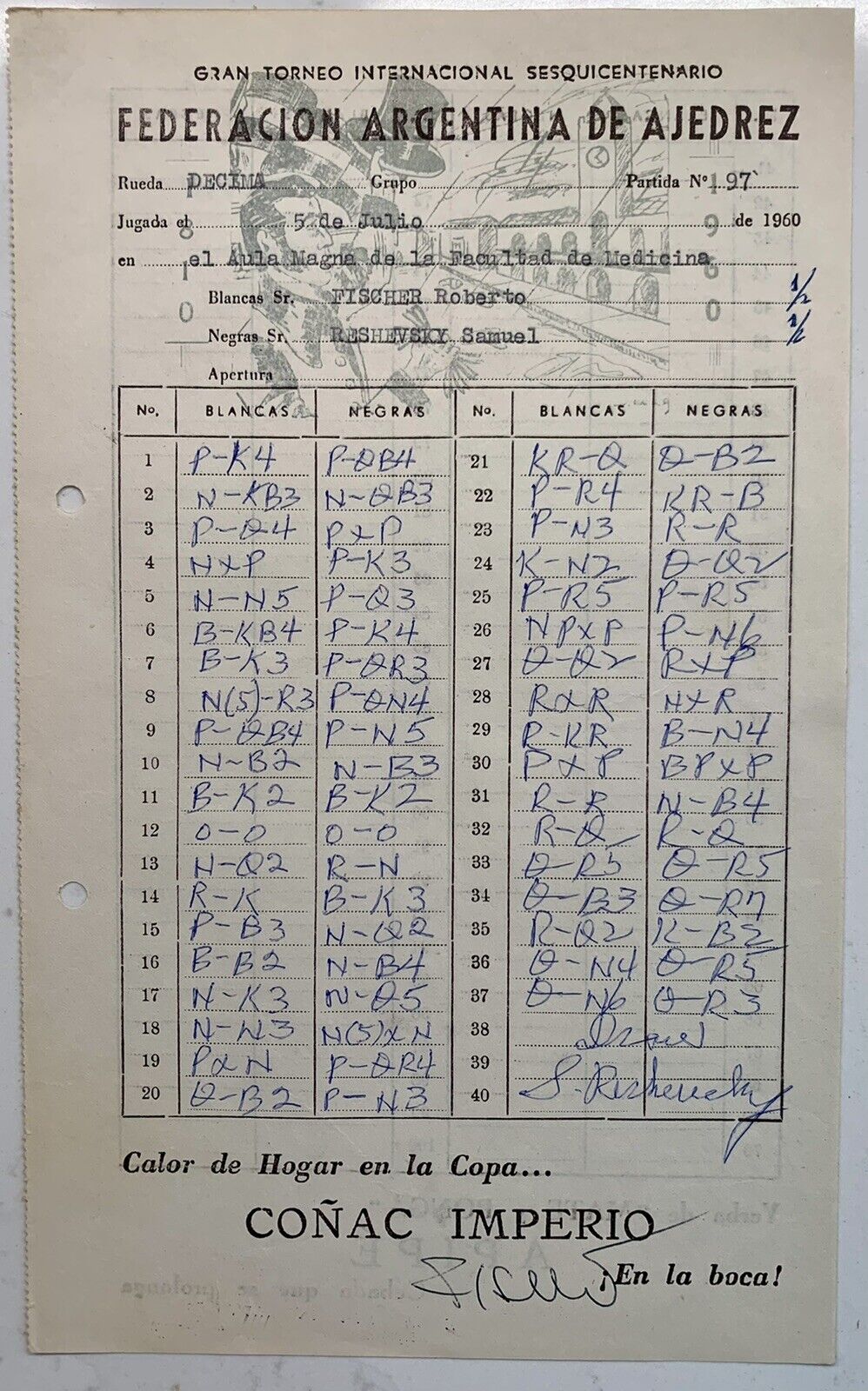 1960 Chess Tournament Signed Scoresheet Bobby Fischer Draw Samuel Reshevsky