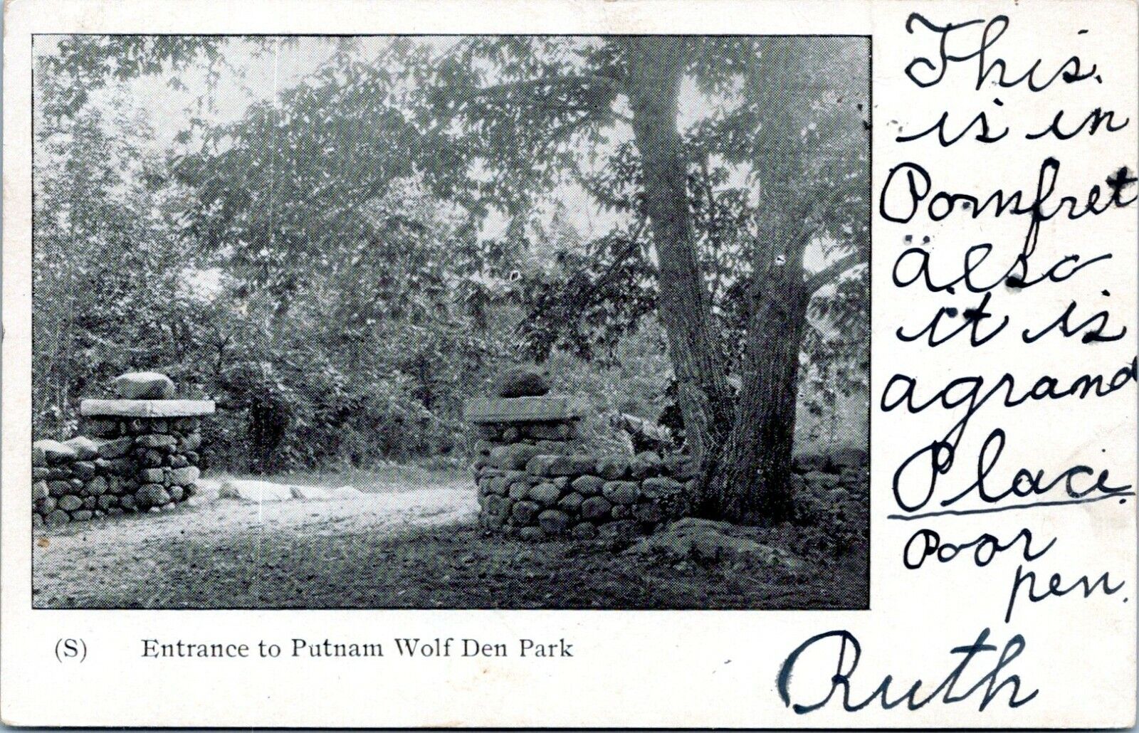 Pomfret Connecticut Postcard 1905 Entrance to Putnam Wolf Den Park NH