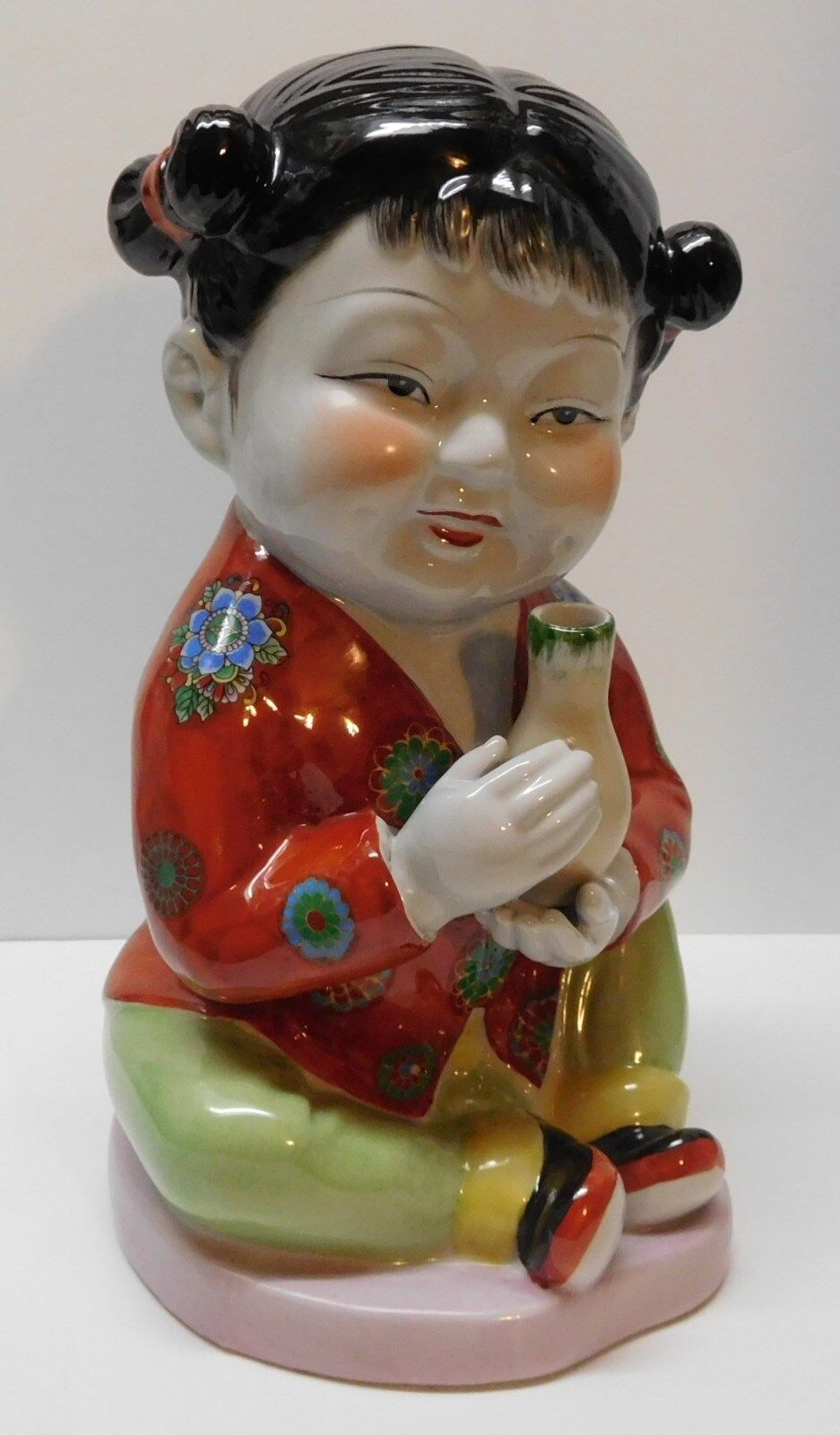 Chinese Girl Pigtails Figure Statue Kimono with Flowers Holding Vase Vintage 