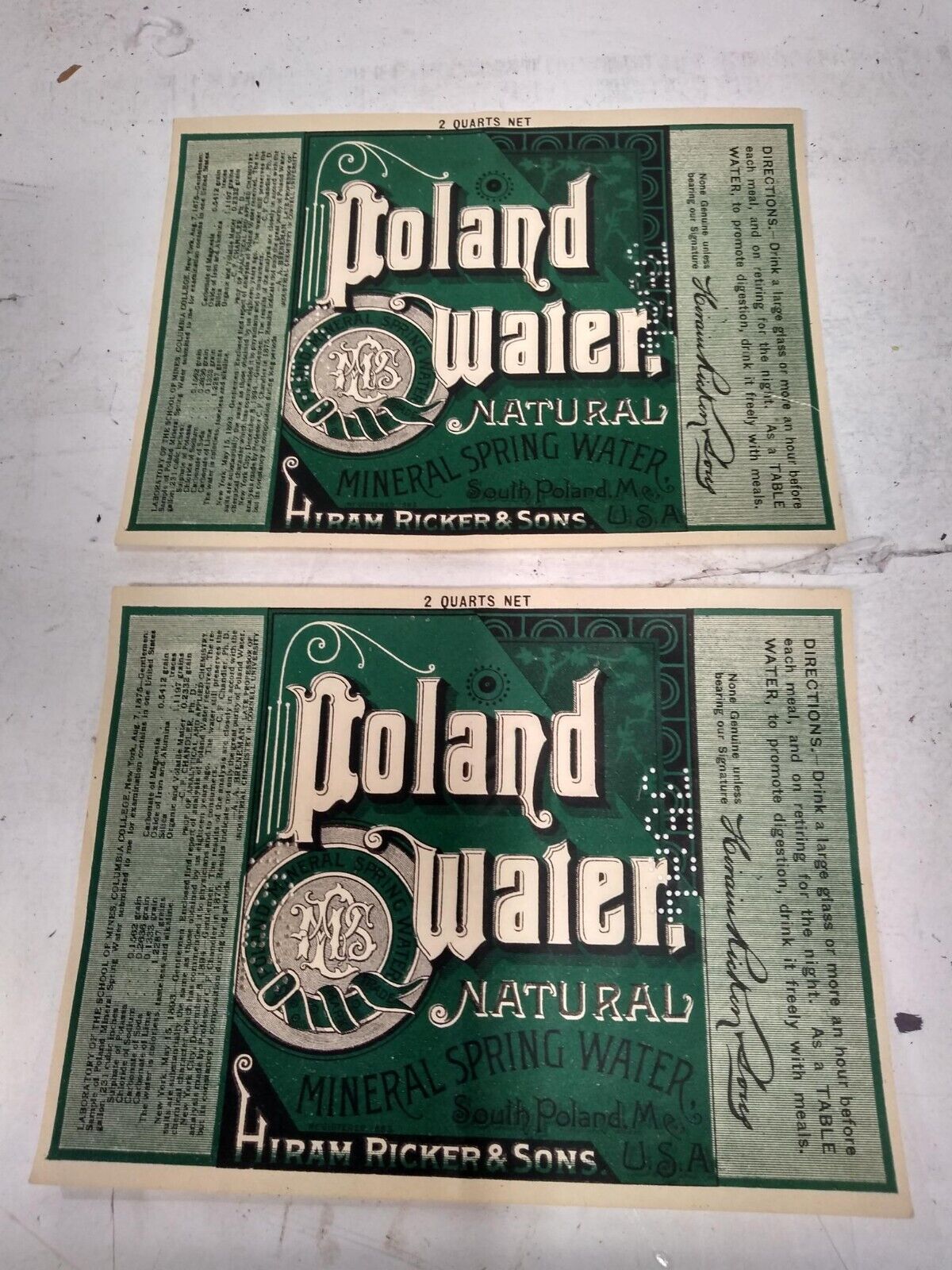 2 - Hiram Ricker & Sons Poland Springs Water Label, 2 QT Size