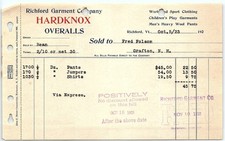 1923 Richford Garment Co. HARDKNOX Overalls billhead picture